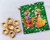 Set of 5 Urli Diya With Radha Krishan Print Potli Bags Combo Set, Wedding Return Gift, Housewarming Gift, Festival Gift, Anniversary Gift